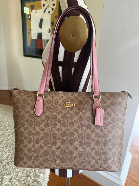 Coach Handbags - Coach Gallery Tote Khaki Pink Signature Canvas Leather Bag NEW